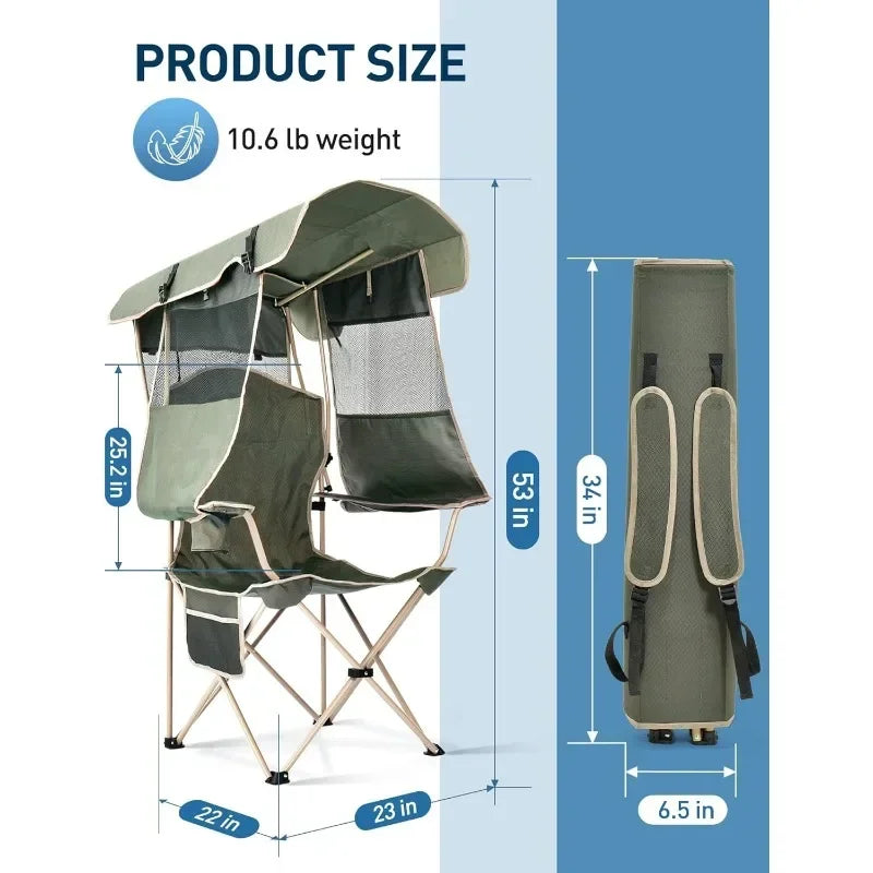 Adult folding camping chair with awning, outdoor sports awning chair with cup holder, side pockets, suitable for camping