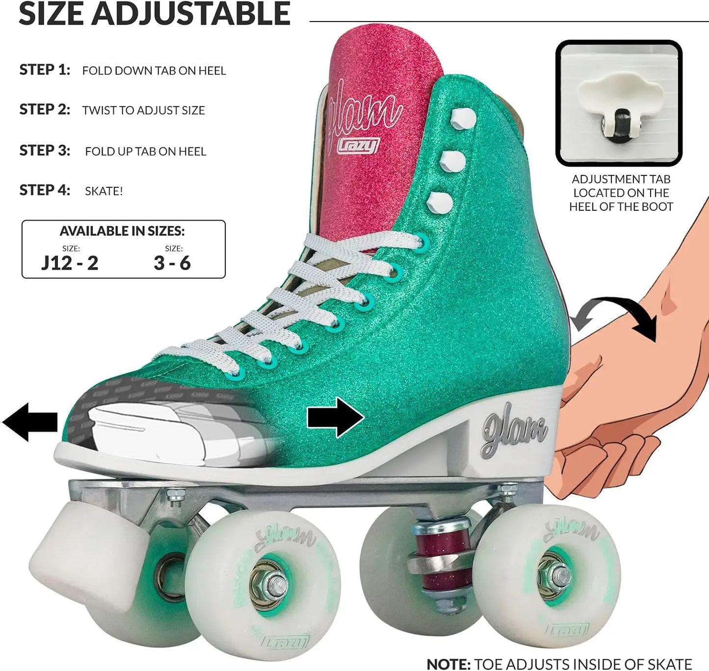 Glam Roller Skates Adjustable or Fixed Sizes