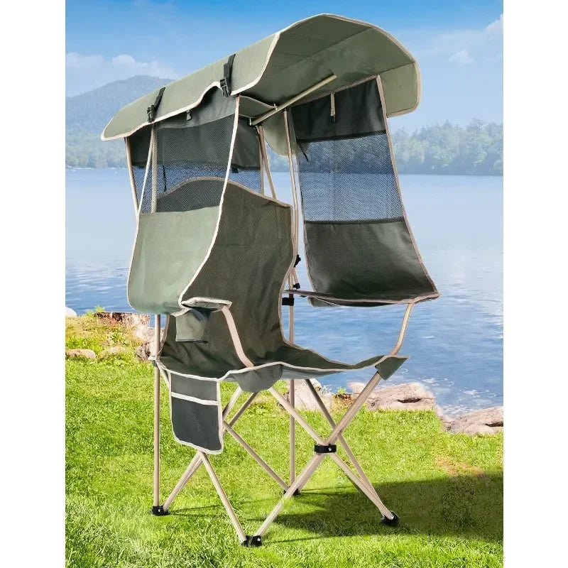 Adult folding camping chair with awning, outdoor sports awning chair with cup holder, side pockets, suitable for camping