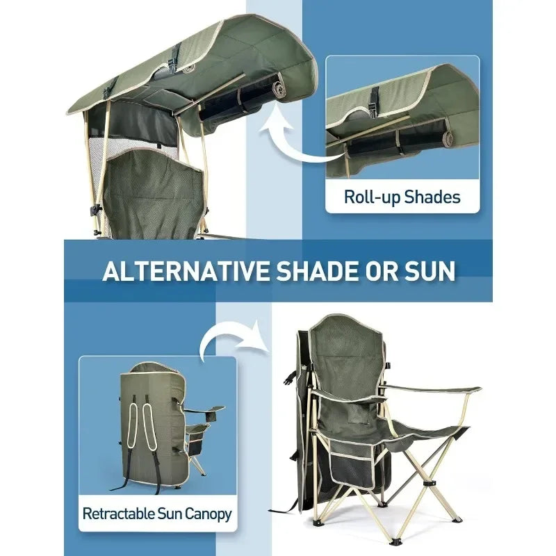 Adult folding camping chair with awning, outdoor sports awning chair with cup holder, side pockets, suitable for camping